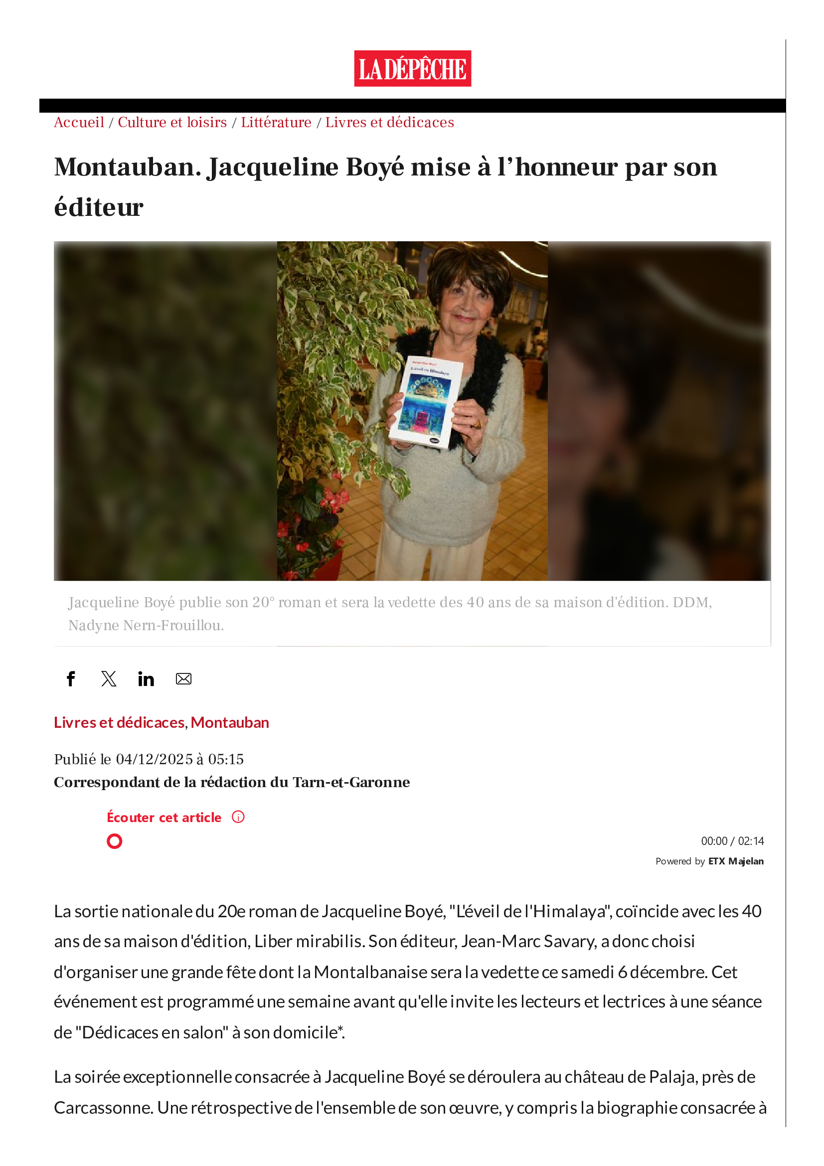 Article de la dépêche du midi pour le roman de Jacqueline Boyé Article de la dépêche du midi pour le roman de Jacqueline Boyé