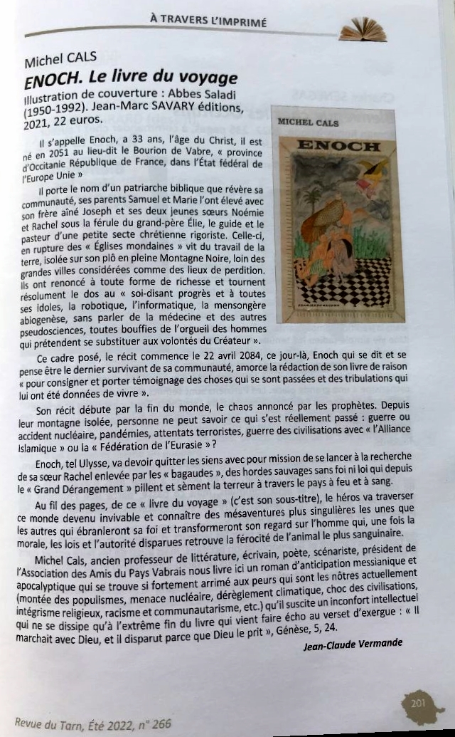 article de presse concernant le roman ENOCH de Michel CALS