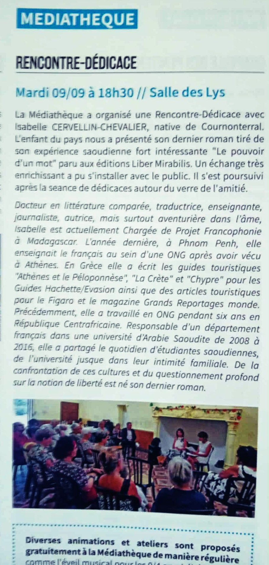 Isabelle Cervellin Chevalier rencontre ses lecteurs en médiathèque