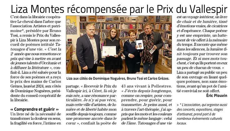 Liza Montes, Prix du Vallespir 2025 avec le livre "Tatouage d'une vie". Liza Montes, Prix du Vallespir 2025 avec le livre "Tatouage d'une vie".